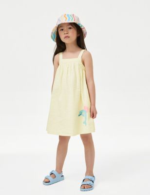 M&S Girl's Pure Cotton Dolphin Dress (2-8 Yrs) - 7-8 Y - Yellow Mix, Yellow Mix
