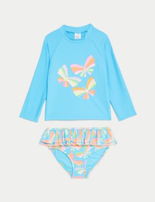 M&S Girl's 2pc Butterfly Rash Vest Swim Set (2-8 Yrs) - 7-8 Y - Blue Mix, Blue Mix