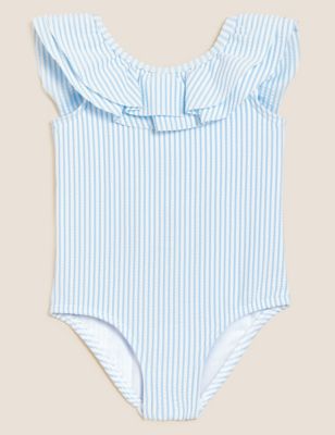 M&S Girls Striped Frill Neck Swimsuit (0-3 Yrs)