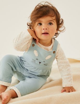 M&S Girls 2pc Cotton Rich Bunny Dungarees Outfit (0-3 Yrs)