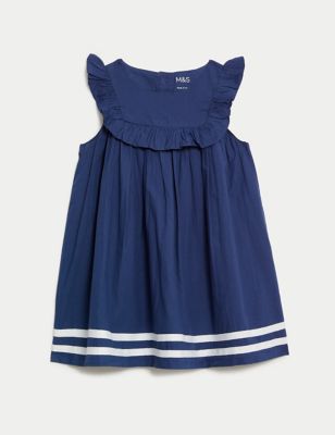 M&S Girls Pure Cotton Frill Dress (0 Mths-3 Yrs) - 0-3 M - Navy, Navy