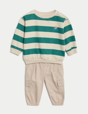 M&S Boys 2pc Cotton Rich Striped Sweater Outfit (0-3 Yrs) - 0-3 M - Green Mix, Green Mix