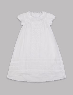 M&S Girls Pure Cotton Embroidered Christening Baby Dress (0-12 Mths) - 0-3 M - White, White