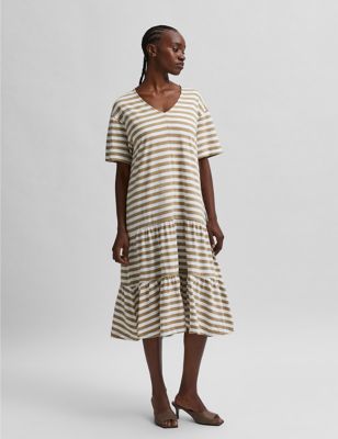 M&S Selected Femme Womens Pure Cotton Striped Midi T-Shirt Dress - Beige Mix, Beige Mix