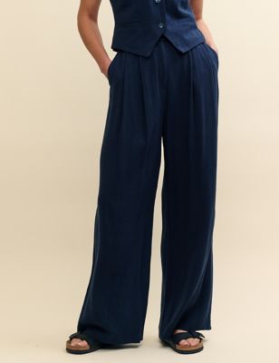Nobody'S Child Womens Wide Leg Trousers with Linen - 10 - Navy, Navy,Cream