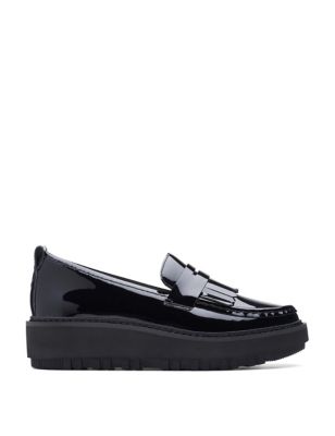 Clarks Womens Leather Patent Flatform Loafers - 3 - Black, Black