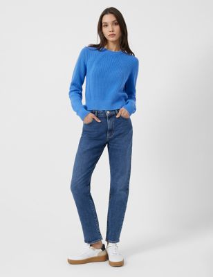French Connection Womens Pure Cotton Ribbed Crew Neck Jumper - S - Blue, Blue