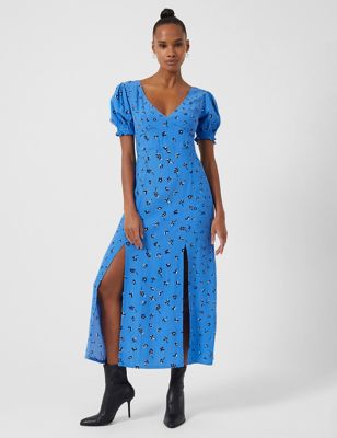 French Connection Womens Floral V-Neck Puff Sleeve Maxi Tea Dress - 10 - Blue Mix, Blue Mix