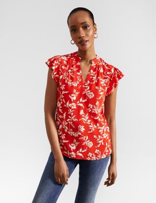 Hobbs Womens Floral Notch Neck Top - 6 - Red, Red