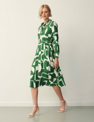 Finery London Womens Geometric Tie Waist Midi Shirt Dress - 8 - Green Mix, Green Mix