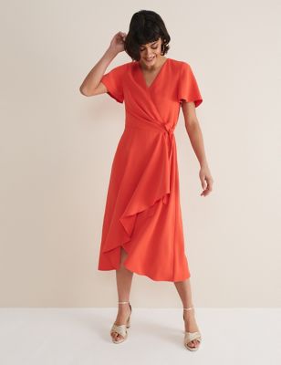 Phase Eight Women's V-Neck Angel Sleeve Midi Wrap Dress - 18 - Orange, Orange