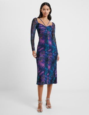 French Connection Womens Printed Sweetheart Neckline Midi Dress - Blue Mix, Blue Mix