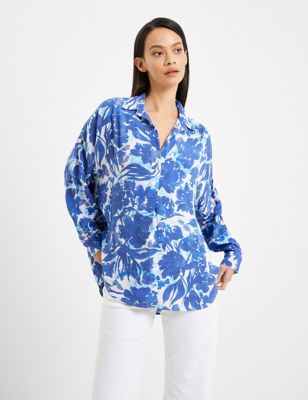 French Connection Womens Floral Collared Popover Shirt - M - Blue Mix, Blue Mix