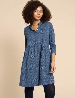 White Stuff Womens Jersey Printed Knee Length Shirt Dress - 8REG - Blue Mix, Blue Mix