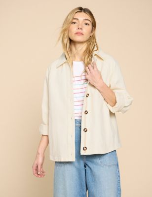 White Stuff Womens Denim Collared Relaxed Jacket - 6REG - Natural, Natural,Green,Pink