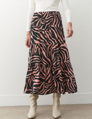 Finery London Womens Animal Print Midi Tiered Skirt - 14 - Pink Mix, Pink Mix