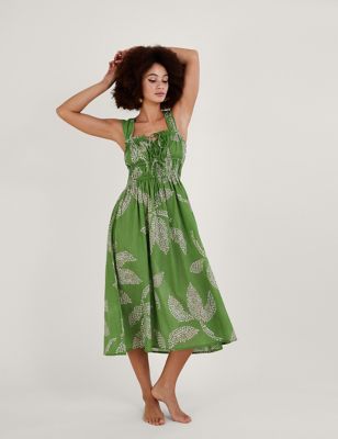 Monsoon Womens Pure Cotton Printed Square Neck Midi Dress - Green Mix, Green Mix