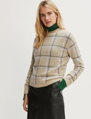 M&S Jigsaw Womens Merino Wool Rich Checked Relaxed Jumper