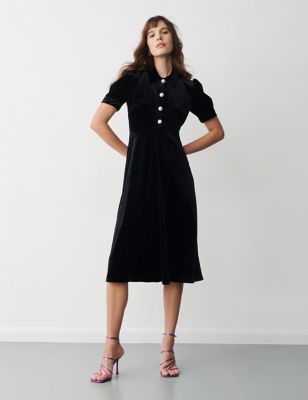 Finery London Womens Velvet Button Detail Midi Waisted Dress - 14 - Black, Black