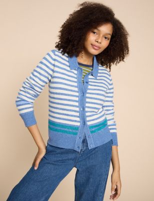 White Stuff Womens Striped Collared Button Front Cardigan - 16 - Blue Mix, Blue Mix