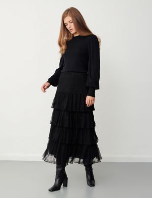 Finery London Womens Embroidered Midi Tiered Skirt - 8 - Black, Black