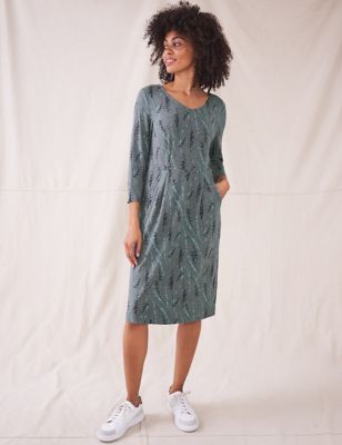 M&S White Stuff Womens Leaf Print V-Neck Knee Length Waisted Dress