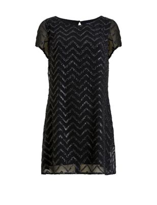 French Connection Womens Sparkly Textured Round Neck Mini Shift Dress - 8 - Black, Black
