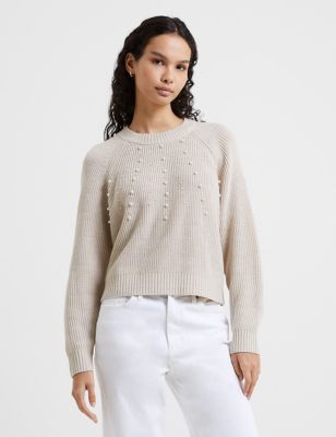 French Connection Womens Embellished Ribbed Crew Neck Jumper - XS - Oatmeal, Oatmeal
