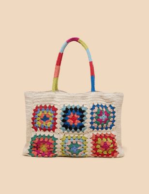 White Stuff Womens Cotton Rich Crochet Colour Block Tote Bag - Natural Mix, Natural Mix