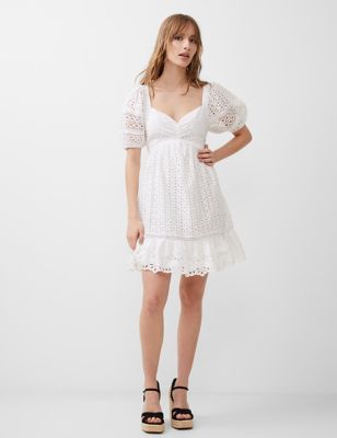 French Connection Womens Pure Cotton Broderie Sweetheart Neckline Mini Skater Dress - 6 - White, Whi