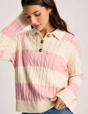 Joules Womens Cotton Rich Cable Knit Striped Jumper - 6 - Pink, Pink