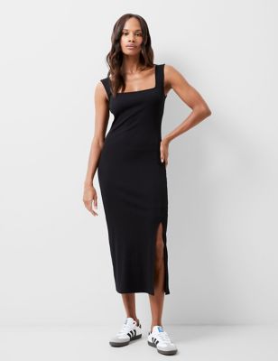 French Connection Womens Cotton Rich Square Neck Midaxi Column Dress - Black, Black