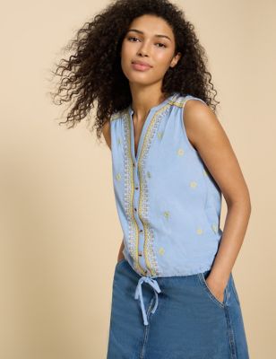 White Stuff Womens Pure Cotton Embroidered Tie Front Shirt - 8 - Blue Mix, Blue Mix