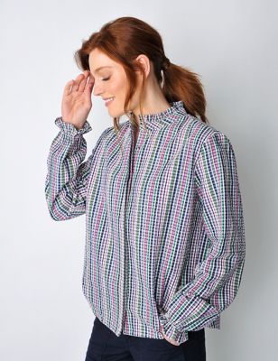 Burgs Women's Pure Cotton Checked Collarless Frill Detail Shirt - 10 - Multi, Multi