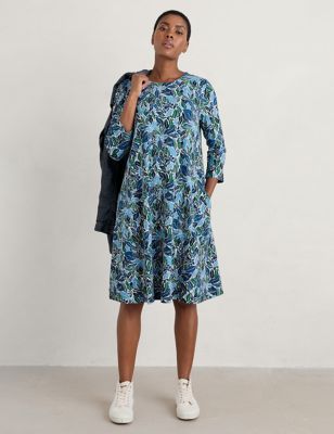 Seasalt Cornwall Womens Cotton Rich Floral Knee Length Shift Dress - 14REG - Blue Mix, Blue Mix