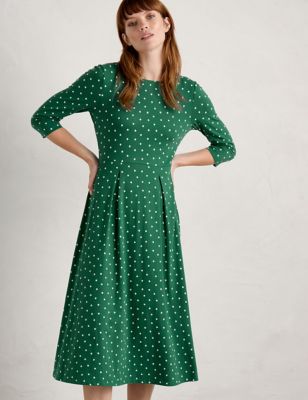 Seasalt Cornwall Womens Cotton Rich Polka Dot Midi Skater Dress - 16LNG - Green Mix, Green Mix