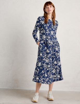 Seasalt Cornwall Womens Organic Cotton Floral Waisted Midi Dress - 10REG - Navy Mix, Navy Mix