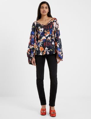 French Connection Womens Satin Floral Waisted Blouson Sleeve Blouse - 14 - Black Mix, Black Mix