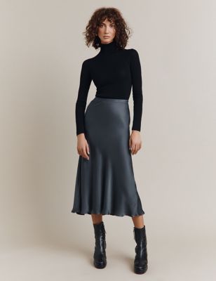 Ghost Womens Satin Midi Slip Skirt - XS - Charcoal, Charcoal
