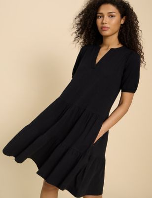 White Stuff Womens Pure Cotton Notch Neck Midi Tiered Dress - 8 - Black, Black