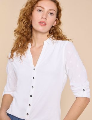 White Stuff Womens Pure Cotton Jersey Woven Collared Shirt - 18, White