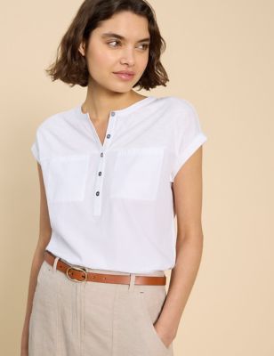 White Stuff Womens Pure Cotton Crew Neck Button Through Shirt - 22, White