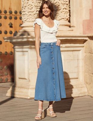 Sosandar Women's Denim Button Front Midi Skirt - 14 - Blue Denim, Blue Denim