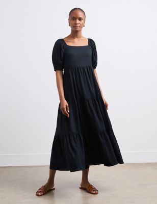 Finery London Women's Linen Blend Square Neck Midaxi Tiered Dress - 12 - Black, Black