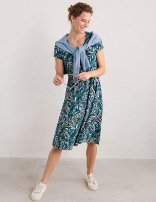Seasalt Cornwall Womens Cotton Rich Leaf Print V-Neck Waisted Dress - 10REG - Teal Mix, Teal Mix