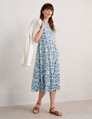 Seasalt Cornwall Womens Cotton Rich Printed Midi Waisted Dress - 8REG - Multi, Multi,Blue Mix