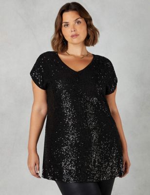 Live Unlimited London Womens Sequin V-Neck Relaxed Tunic - 14 - Black, Black