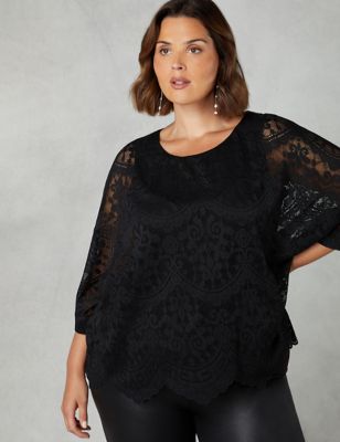 Live Unlimited London Womens Lace Round Neck Oversized Top - 14 - Black, Black