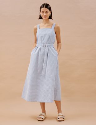 Albaray Womens Cotton Rich Striped Square Neck Midi Dress - 8 - Blue Mix, Blue Mix