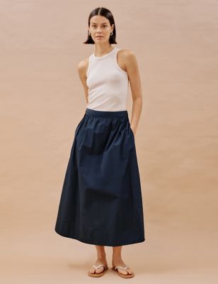 Albaray Womens Pure Cotton Maxi A-Line Skirt - 12 - Navy, Navy